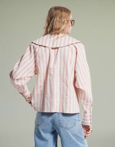 ASOS DESIGN shirt with large collar and tie detail in pink stripe - view 1
