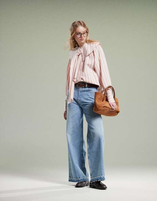 ASOS DESIGN shirt with large collar and tie detail in pink stripe