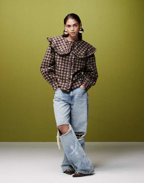 ASOS DESIGN shirt with oversized frill collar in brown check - view 1