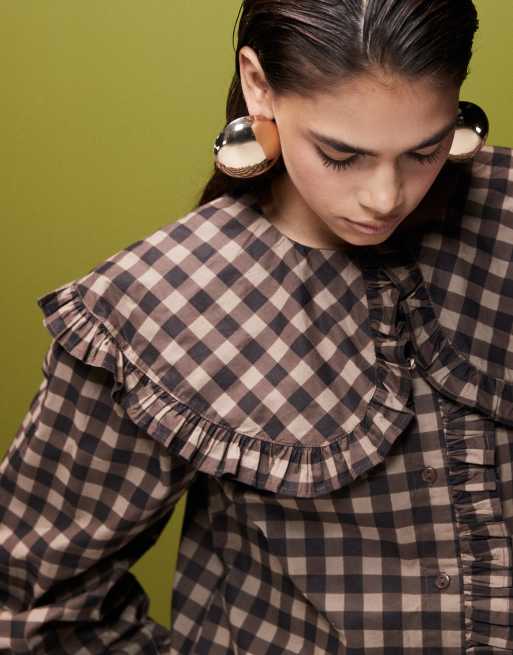 ASOS DESIGN shirt with oversized frill collar in brown check, 2 of 4