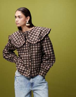 mellow frill check shirt ブラウン AKLEIF FLANNEL CHECK SHIRT - Wood thrush