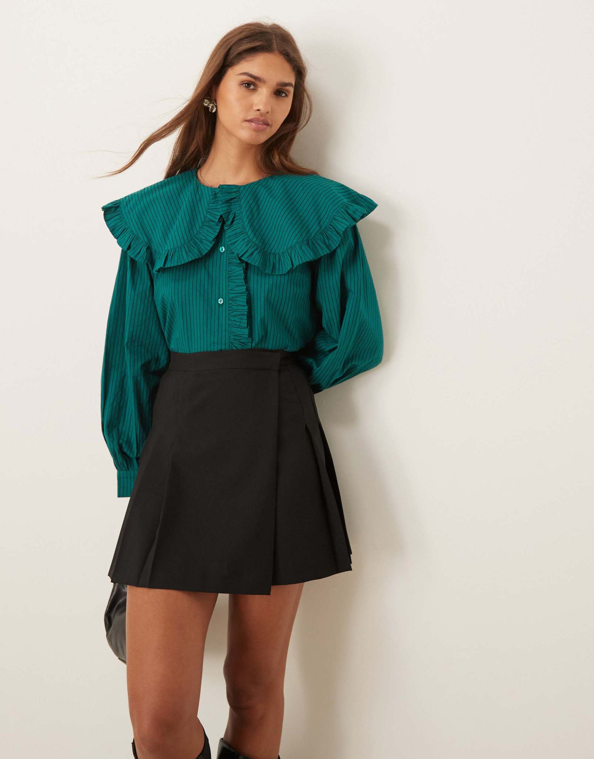 asos design shirt with oversized frill collar in green & black stripe