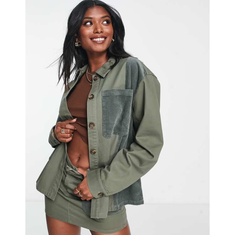 ASOS DESIGN shirt with patchwork cord in khaki ASOS