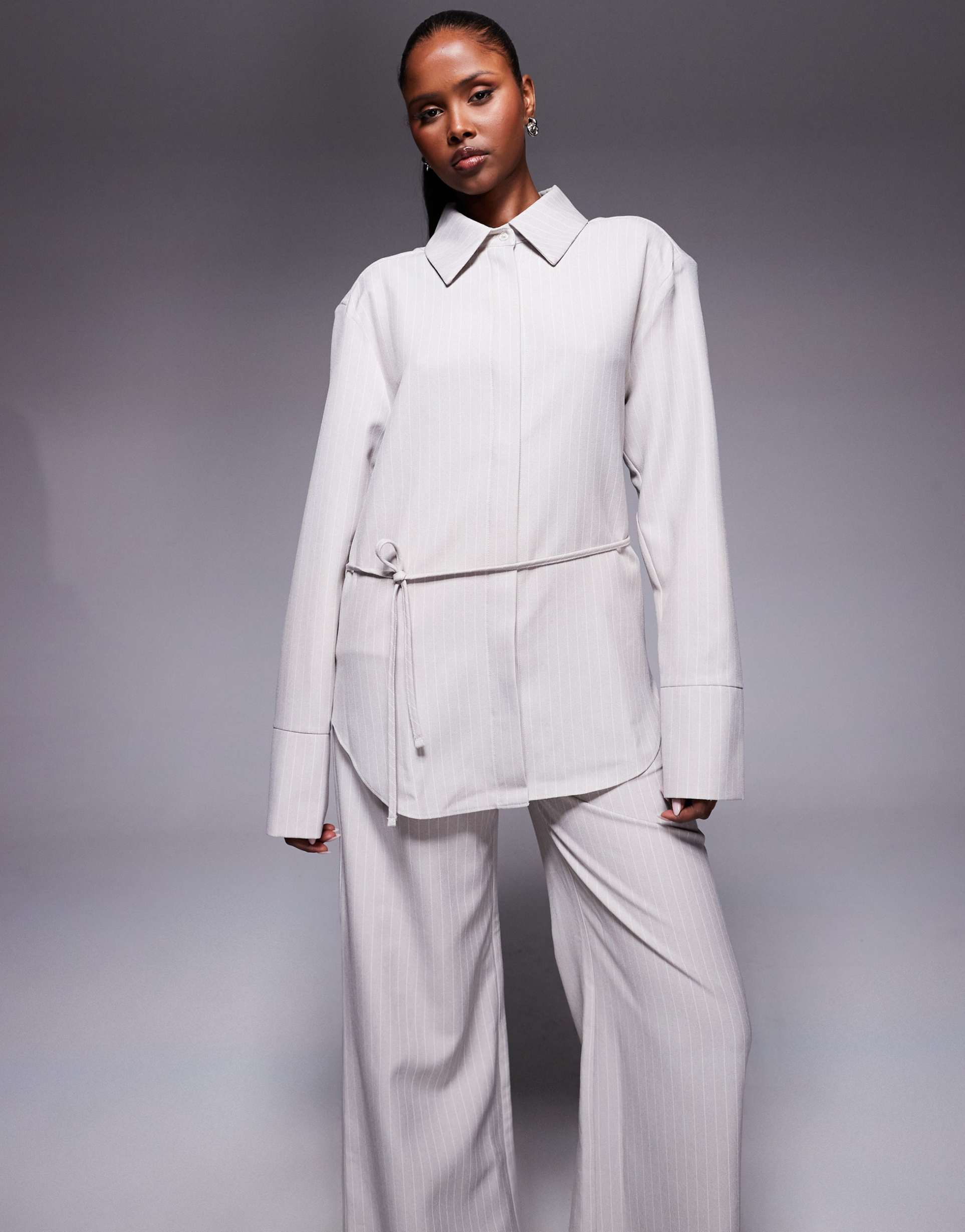 asos design shirt with shoulder pads and cinched waist in pinstripes - part of a set