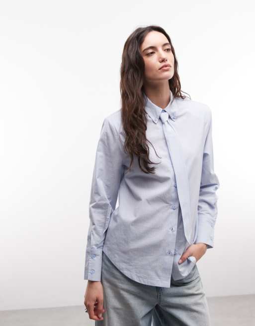 ASOS DESIGN shirt with tie in blue stripe, 3 of 4