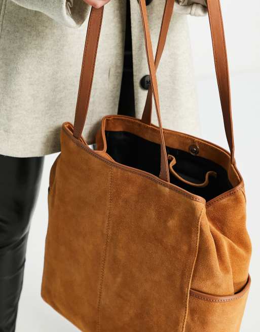 ASOS DESIGN – Shopper aus Wildleder mit Lederbesatz in Hellbraun