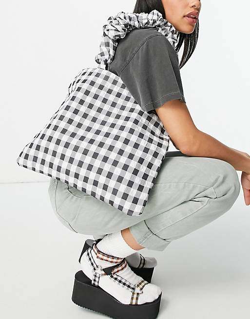 ASOS DESIGN shopper bag with ruched handle in mono gingham print