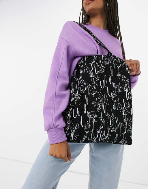 ASOS DESIGN - Shopper grande in cotone con stampa di volto astratto, 4 di 4