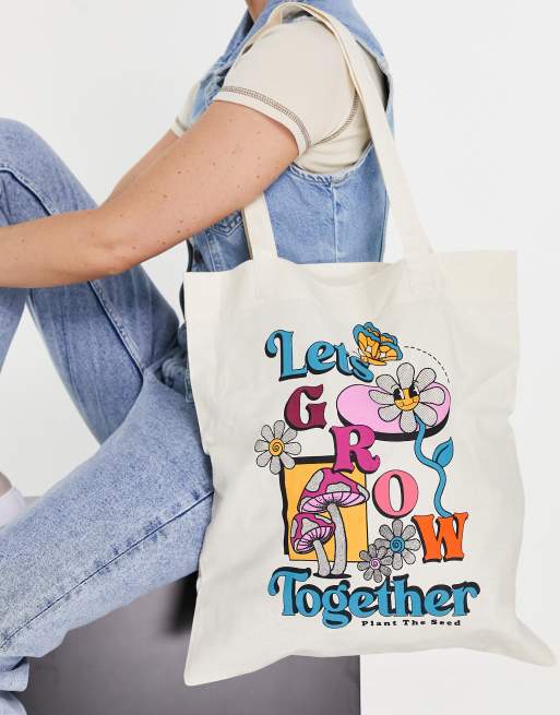 ASOS DESIGN - Shoppertaske i bomuld med svampeprint - BEIGE