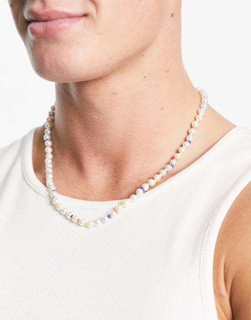 ASOS DESIGN short 6mm faux pearl necklace in white with multicolour spacers