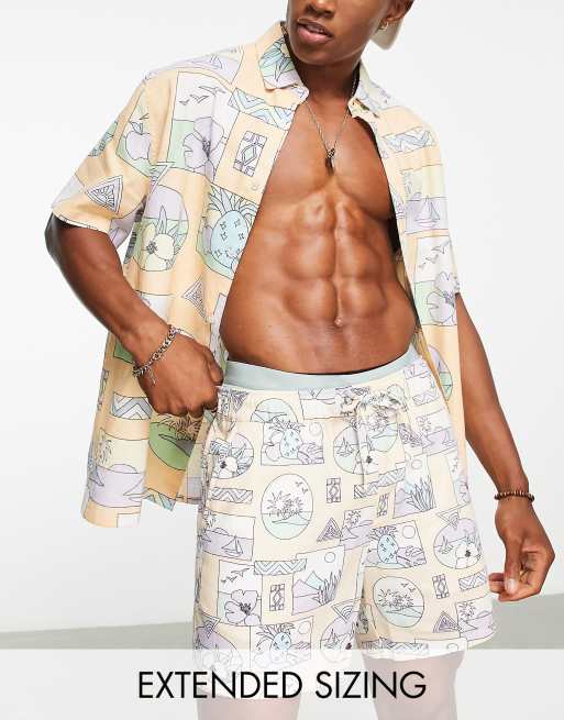 ASOS DESIGN - Short ajusté d'ensemble en lin mélangé à imprimé carte postale 