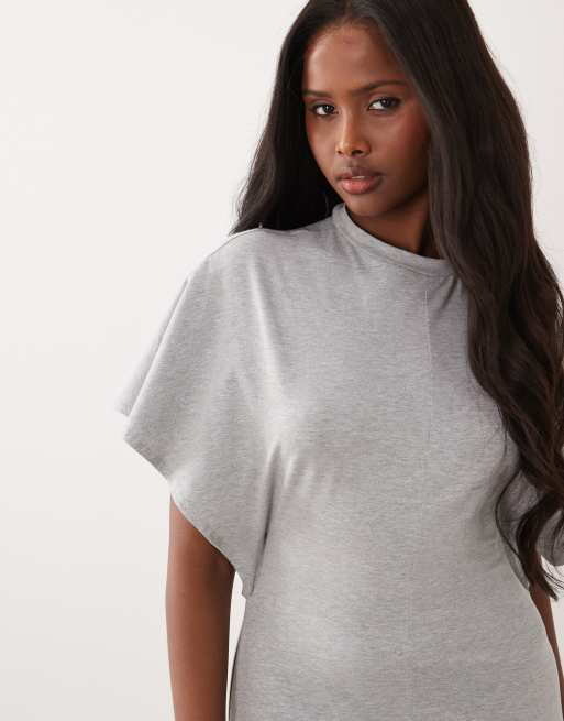 ASOS DESIGN short batwing sleeve maxi dress with exposed seam detail in grey, 3 of 4