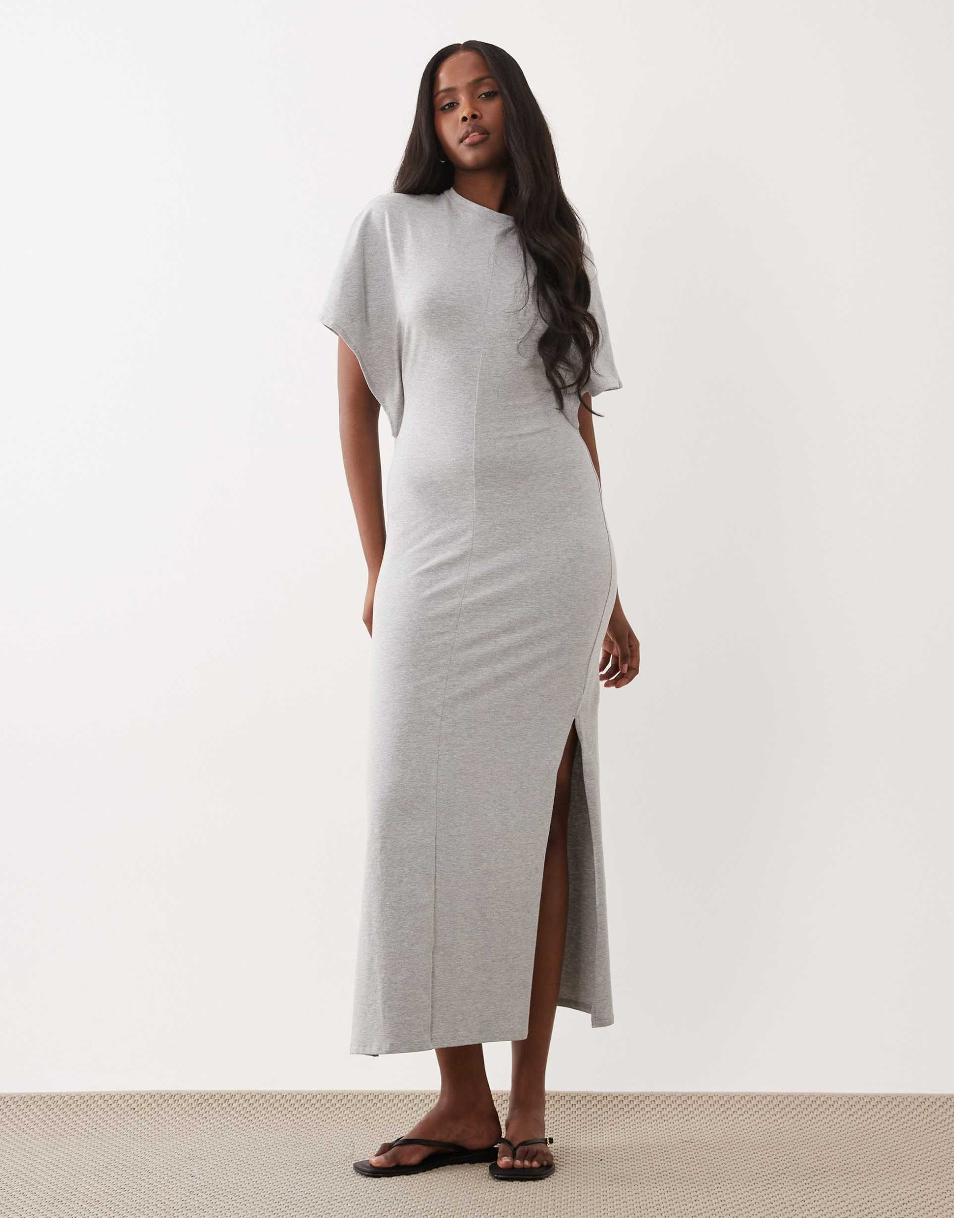 asos design short batwing sleeves maxi dress with exposed seam detailing in gray