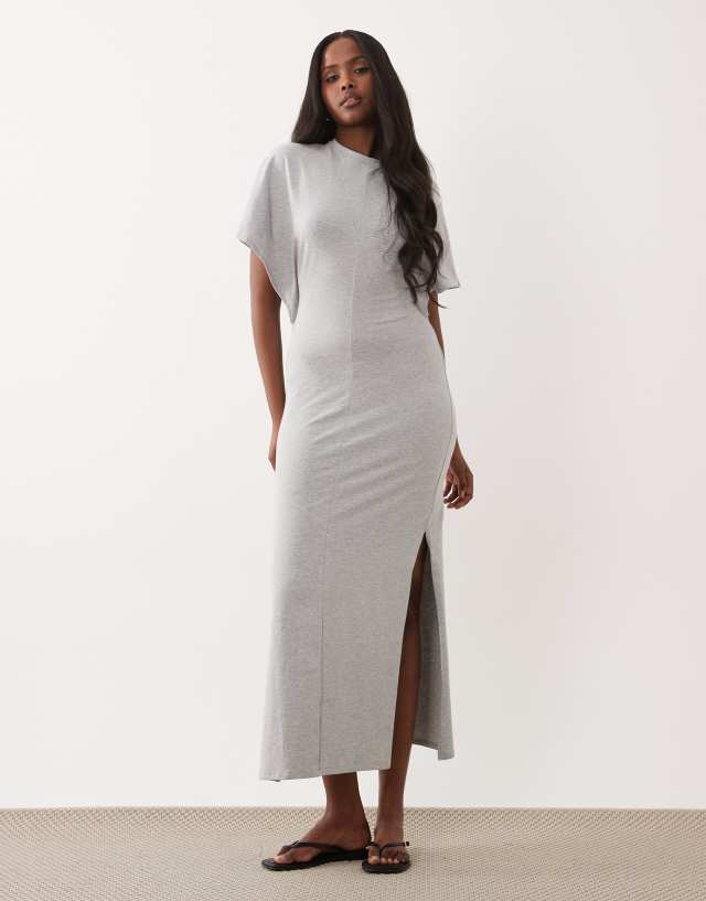 buy grey dress ASOS Design short batwing sleeves maxi with exposed seam detailing in gray-Brown elegant grey dress