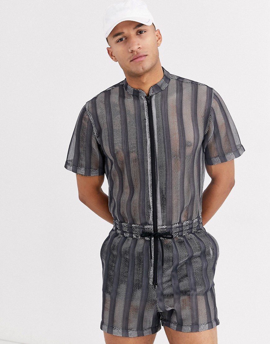 ASOS DESIGN short boilersuit in sheer mesh stripe-Black