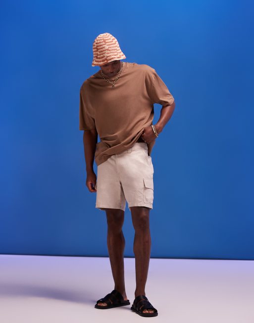 ASOS DESIGN - Short cargo ajusté en lin texturé - Naturel
