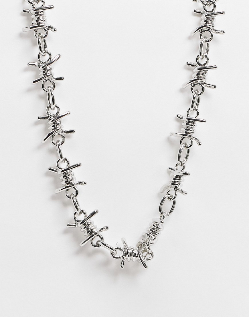 ASOS DESIGN short chunky 17mm neckchain with barbed wire design in silver tone