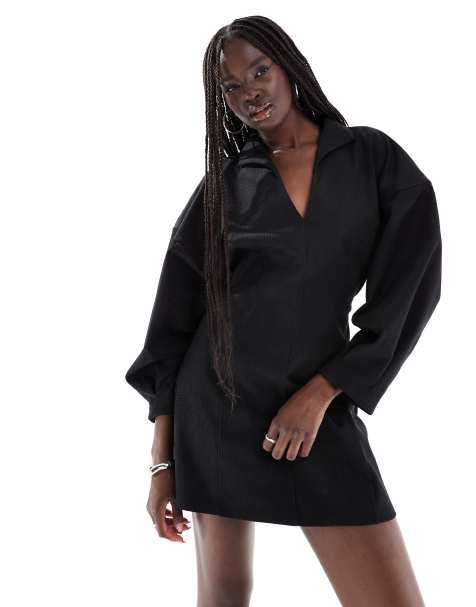 ASOS DESIGN short cocoon sleeve collared mini dress in black - view 1