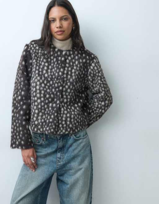 ASOS DESIGN short collarless brushed faux fur jacket in dalmatian spot, 4 of 5