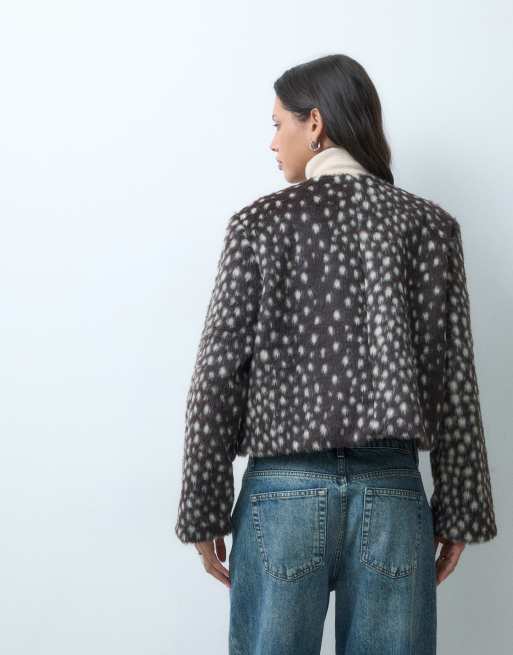 ASOS DESIGN short collarless brushed faux fur jacket in dalmatian spot, 5 of 5