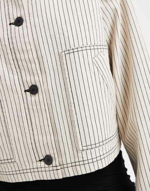 ASOS DESIGN short cotton harrington jacket in black and white stripes, 3 of 4