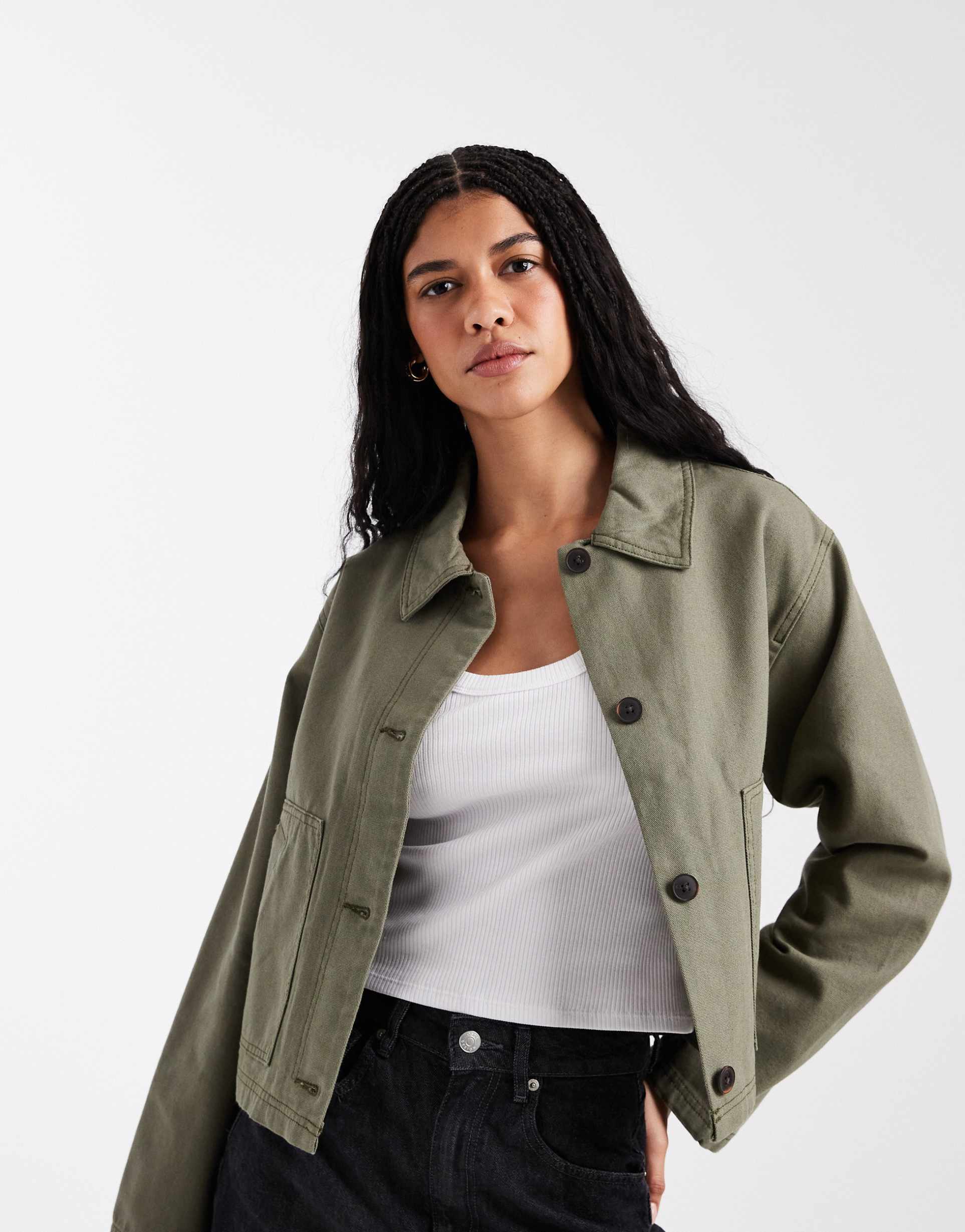 asos design short cotton harrington jacket in khaki