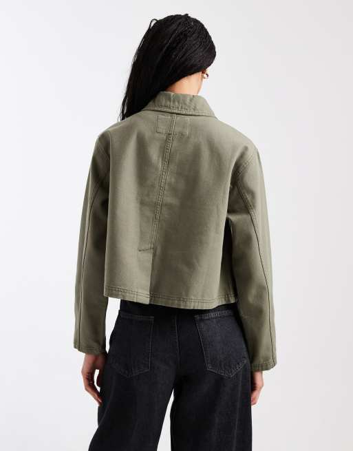ASOS DESIGN short cotton harrington jacket in khaki, 3 of 4