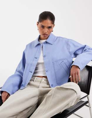 Asos Design Short Cotton Harrington Jacket In Blue