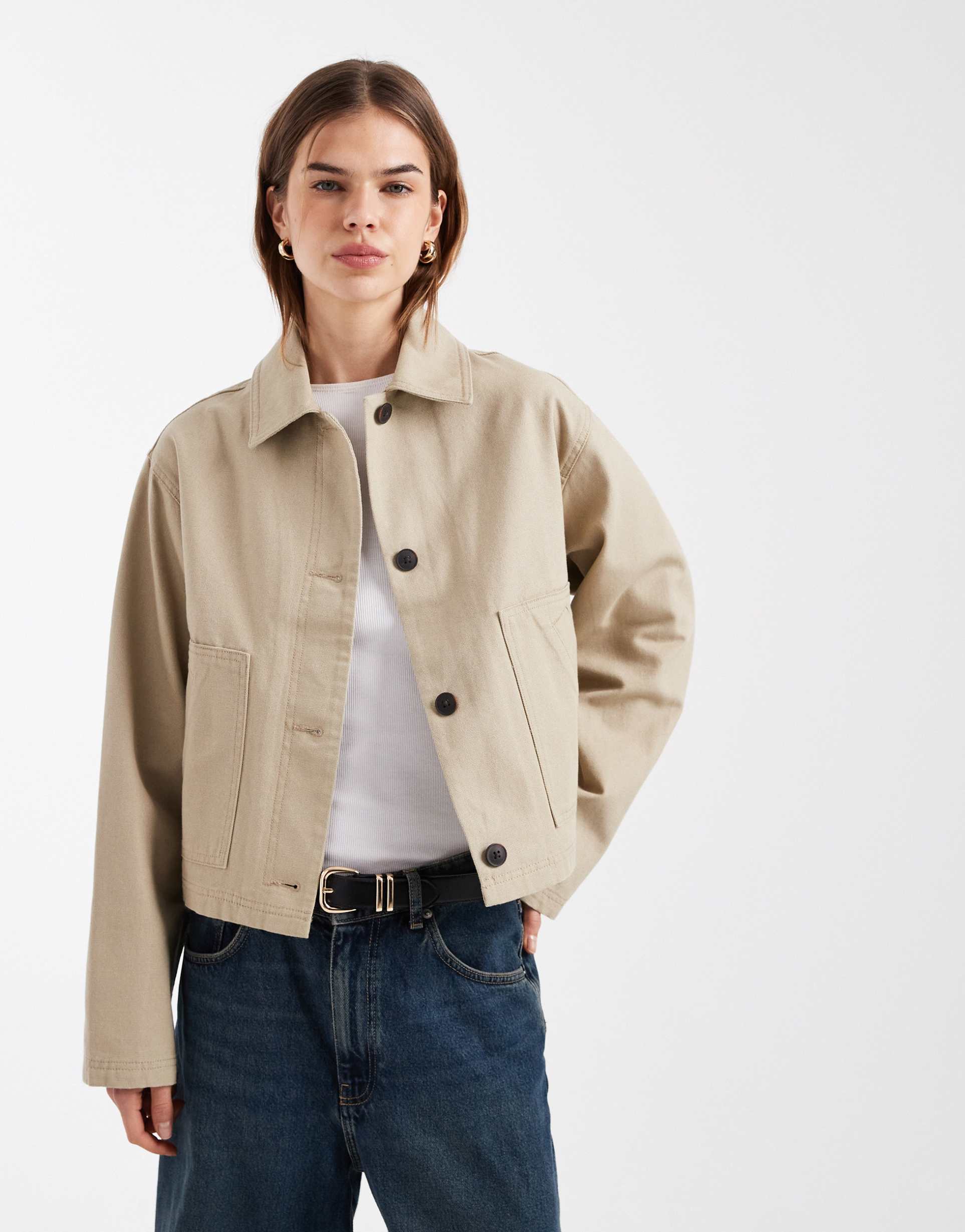 asos design short cotton harrington jacket in stone