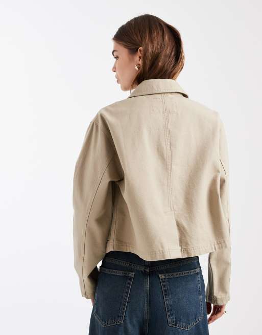 ASOS DESIGN short cotton harrington jacket in stone, 3 of 4