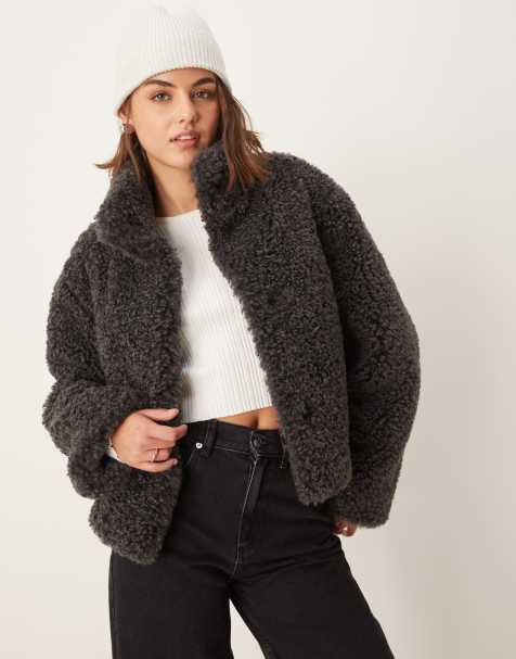 ASOS DESIGN short curly borg faux fur jacket in charcoal - view 1