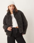 [ASOS DESIGN] ASOS DESIGN short curly borg faux fur jacket in charcoal-Grey L Charcoal