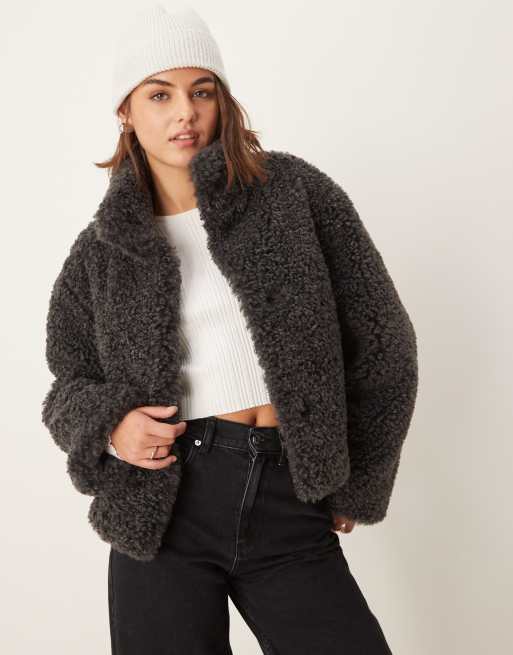 ASOS DESIGN short curly borg faux fur jacket in charcoal