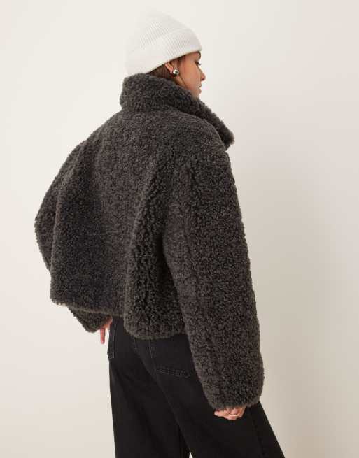 ASOS DESIGN short curly borg faux fur jacket in charcoal, 2 of 4
