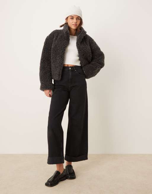ASOS DESIGN short curly borg faux fur jacket in charcoal, 3 of 4