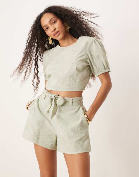 ASOS DESIGN - Short dad à enfiler d'ensemble avec broderies fleuries en relief - Vert menthe - view 1