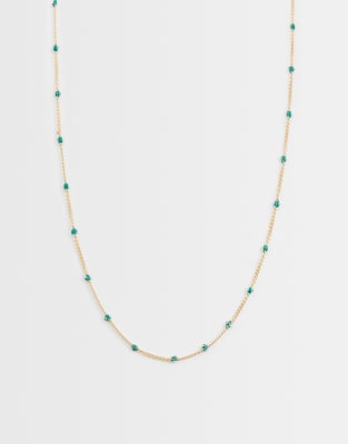 Asos Design Short Dainty Chain Necklace With Green Eye Detail In Gold