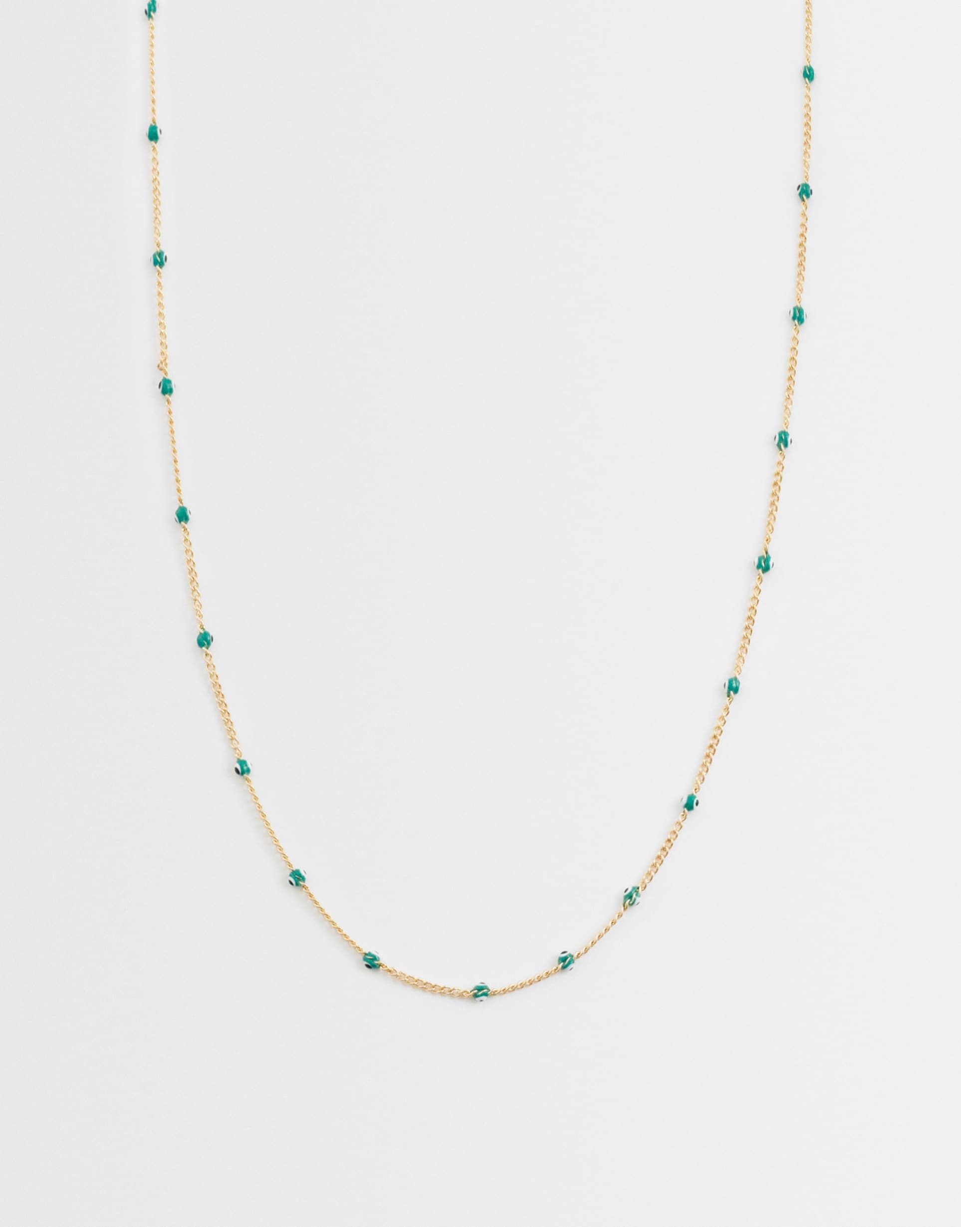 asos design short dainty chain necklace with green eye detail in gold tone