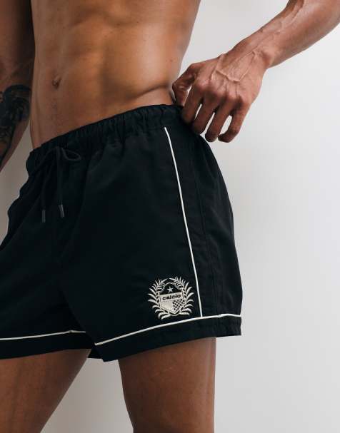 ASOS DESIGN - Short de bain court à liserés et broderie - Noir - view 1