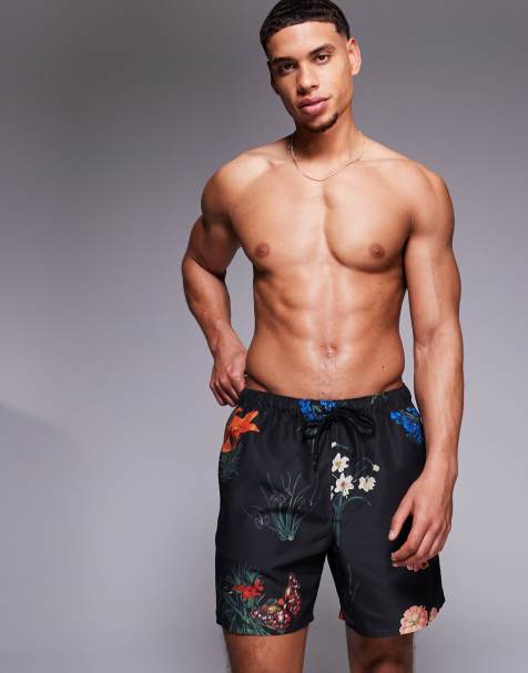 ASOS DESIGN - Short de bain mi-long à fleurs - Noir - view 1