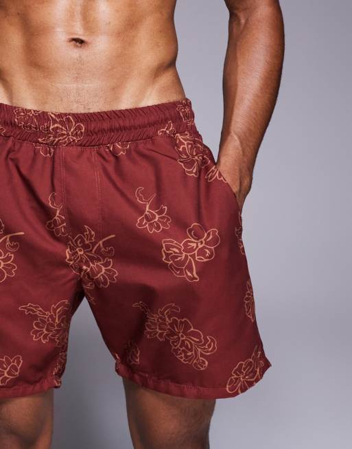 ASOS DESIGN - Short de bain mi-long à imprimé fleurs - Bordeaux, 4 de 4