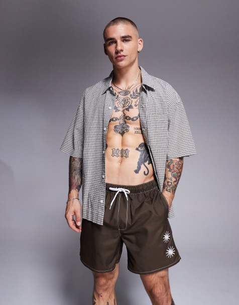 ASOS DESIGN - Short de bain mi-long avec broderie soleil - Marron - view 1