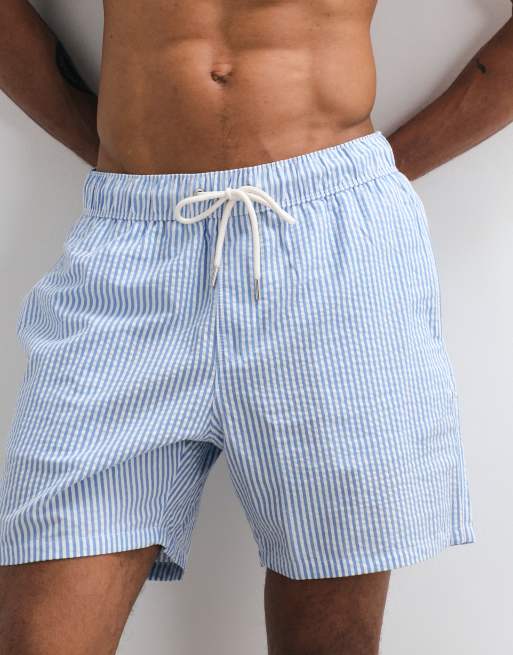 ASOS DESIGN - Short de bain mi-long d'ensemble en crépon à rayures - Bleu, 3 de 7