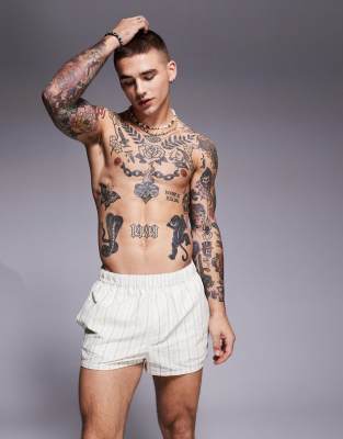 ASOS DESIGN - Short de bain ultra court en crépon à rayures - Taupe - view 1
