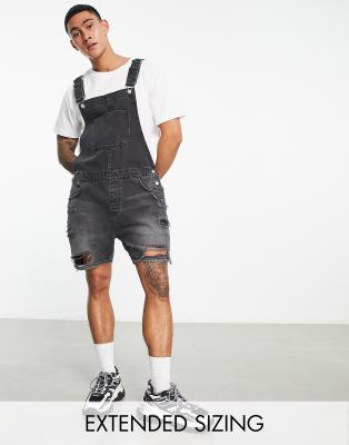 ASOS DESIGN short denim dungaree in washed black with heavy rips - ASOS Price Checker