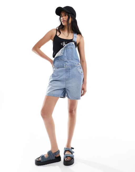 ASOS DESIGN short denim dungarees in mid blue