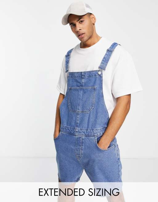 ASOS DESIGN Plus denim dungaree shorts in mid wash, ASOS