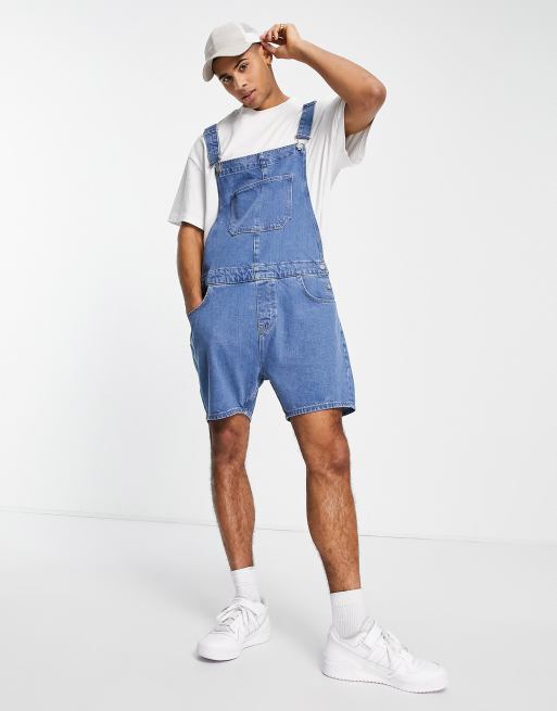 ASOS DESIGN short denim dungarees in mid wash blue