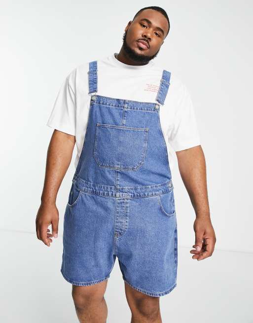 ASOS DESIGN Plus denim dungaree shorts in mid wash, ASOS