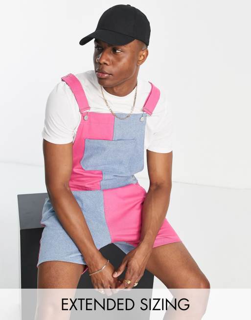 ASOS DESIGN short denim dungarees in pink patchwork 